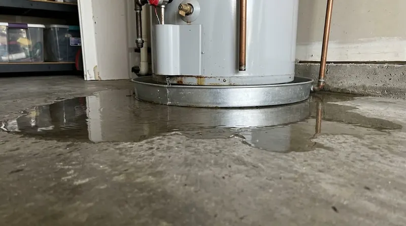 Water pooling on a garage floor around the base of a leaking water heater